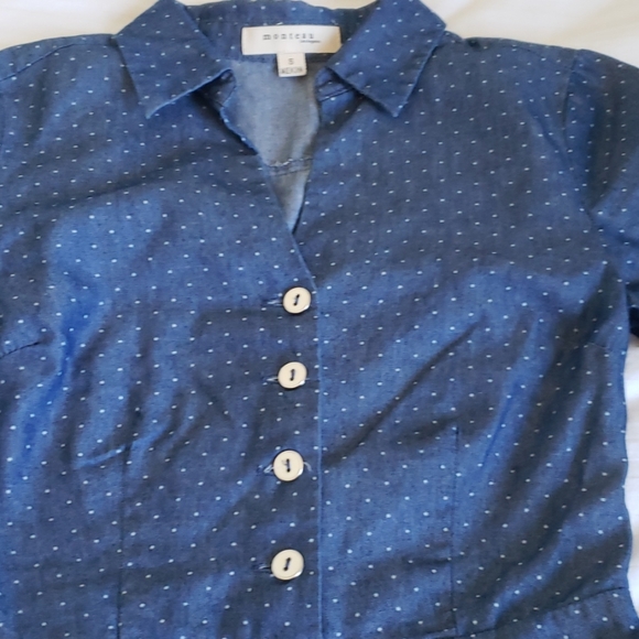 Vintage-Style Denim Dot 3/4-Sleeve Dress - Picture 2 of 8